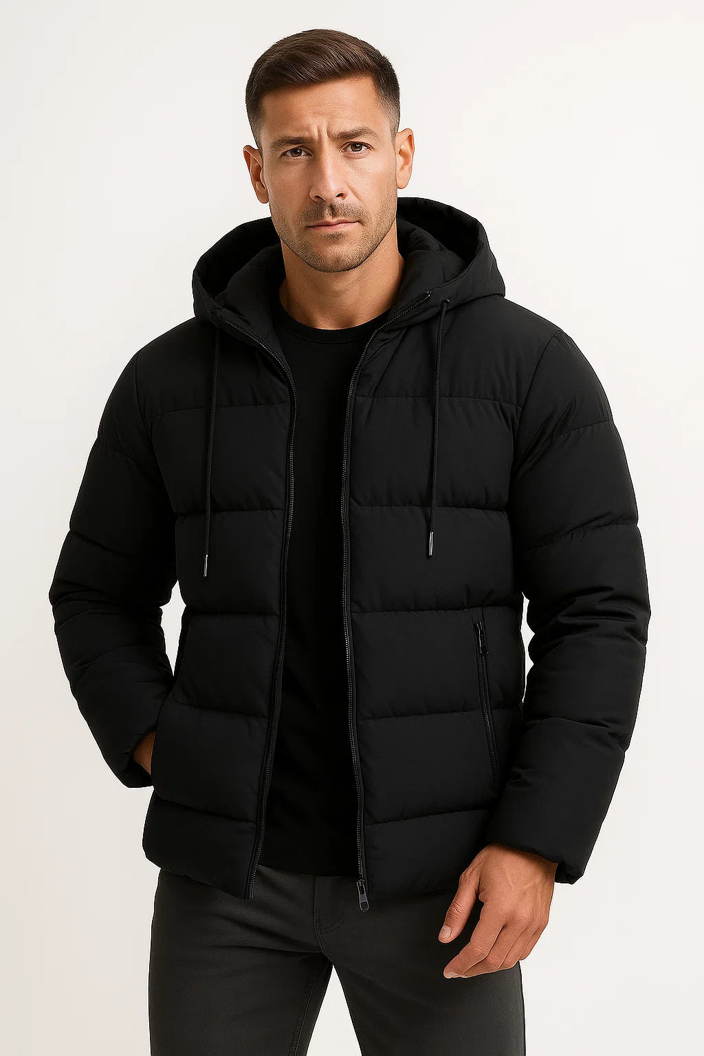 Men’s Puffer Jacket with Hood – Insulated Cotton Blend Winter Coat