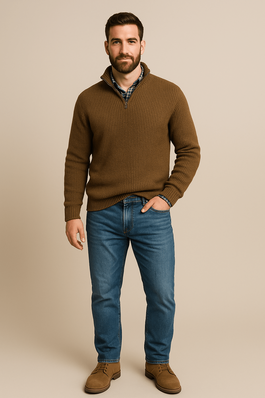 Men’s Half-Zip Sweater – Ribbed Knit Pullover with High Collar