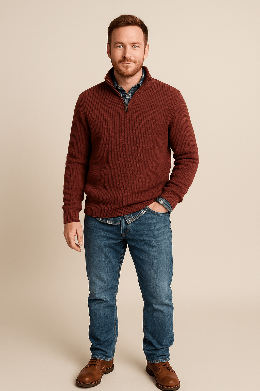 Men’s Half-Zip Sweater – Ribbed Knit Pullover with High Collar