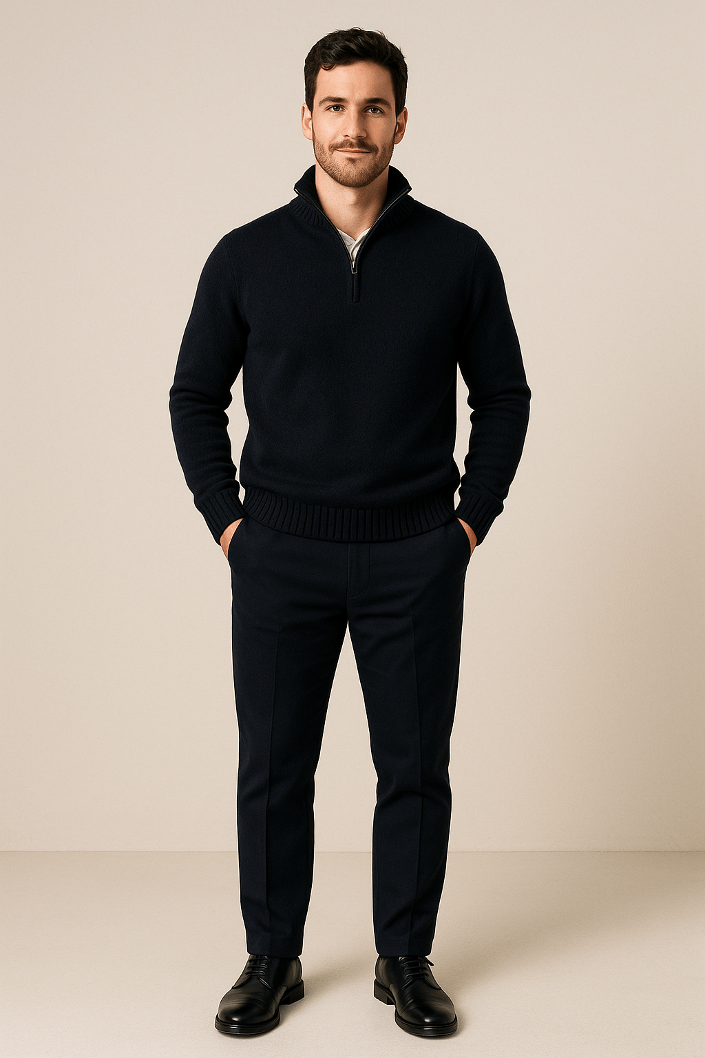 Men’s Quarter-Zip Sweater – Ribbed Knit Pullover with High Collar