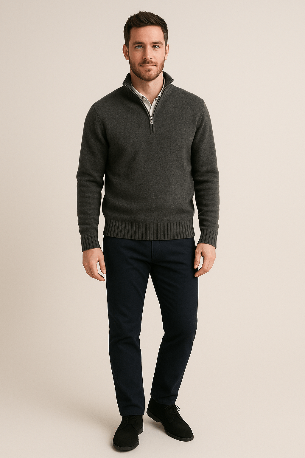 Men’s Quarter-Zip Sweater – Ribbed Knit Pullover with High Collar