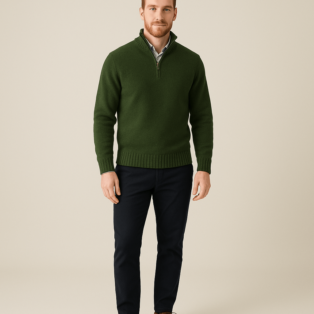 Men’s Quarter-Zip Sweater – Ribbed Knit Pullover with High Collar