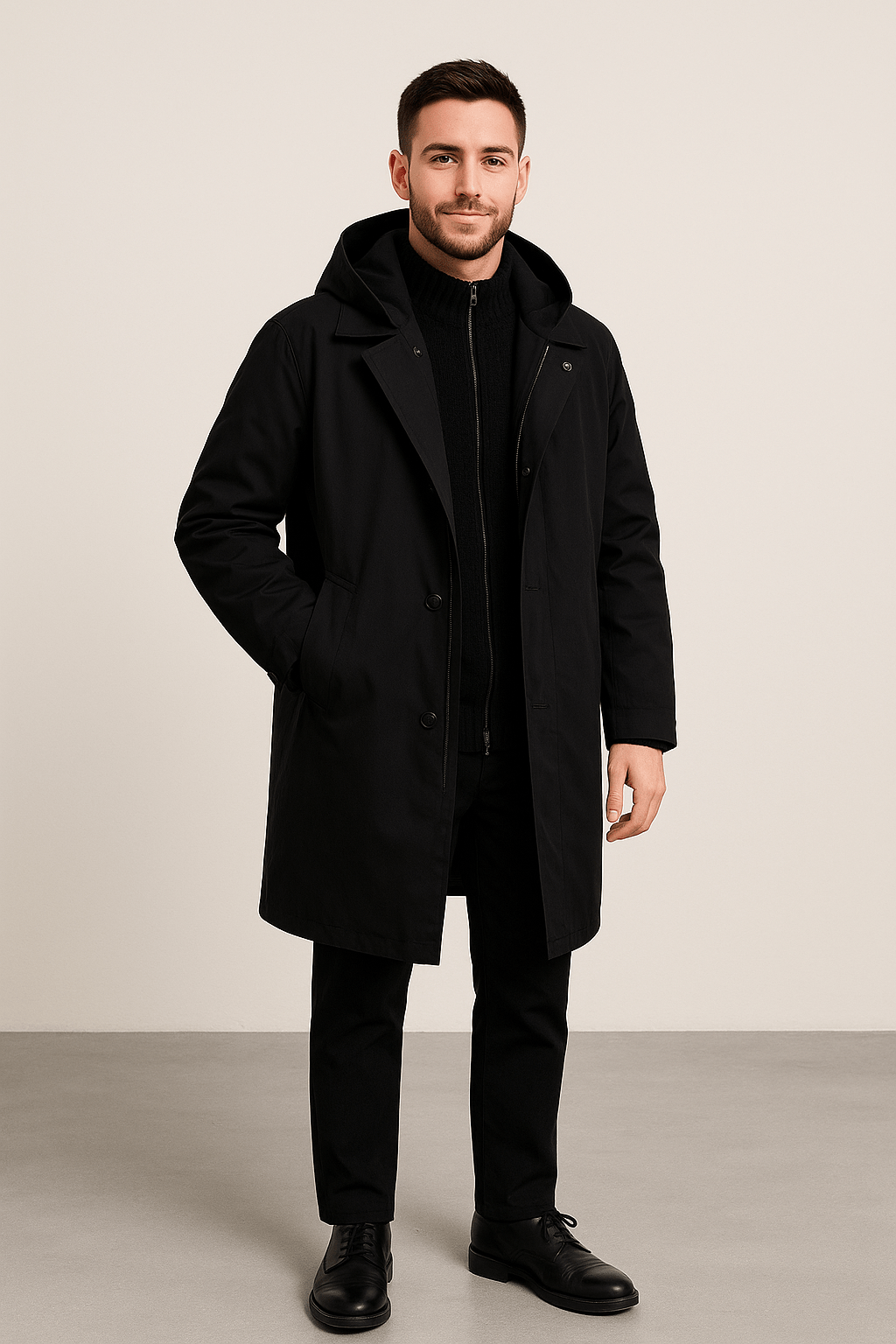 Men’s Wool Trench Coat with Double-Breasted Design