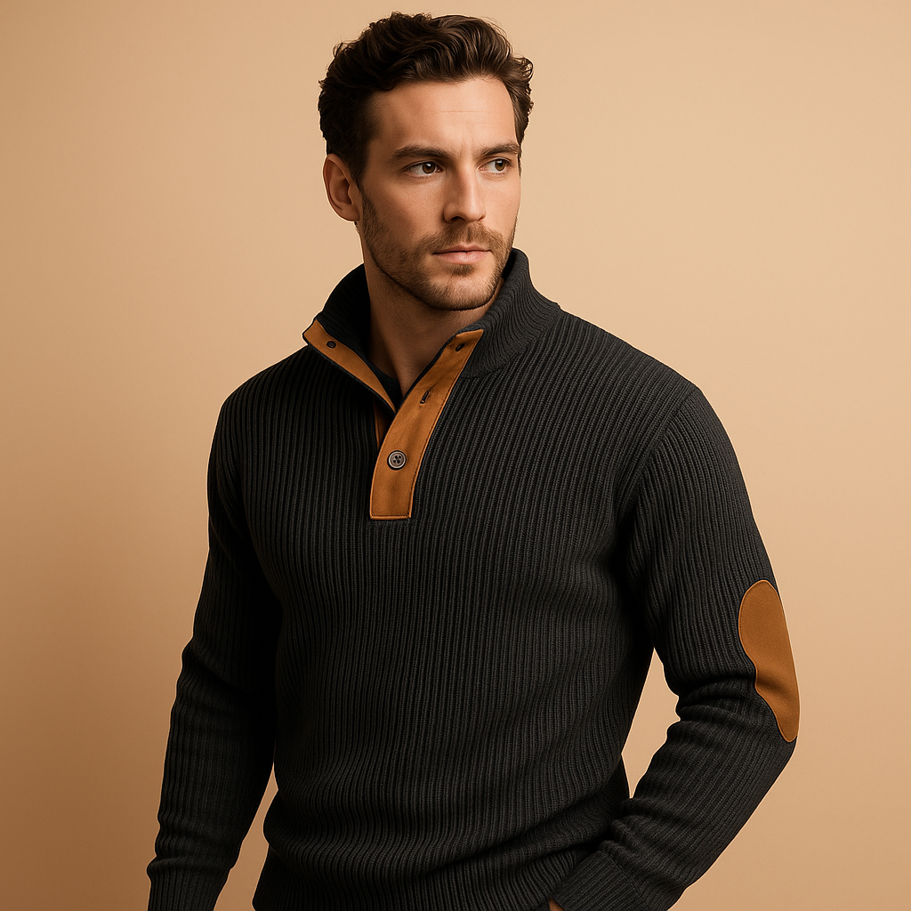 Men’s Ribbed Cotton Jumper with Buttoned Collar – Casual Pullover