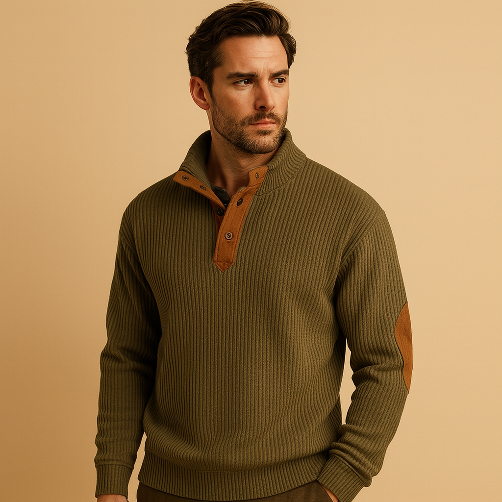 Men’s Ribbed Cotton Jumper with Buttoned Collar – Casual Pullover