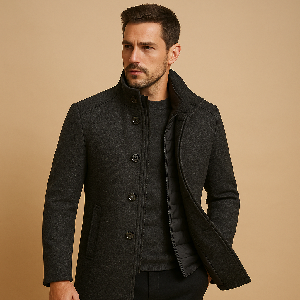 Men’s Wool Overcoat with High Collar – Formal and Warm