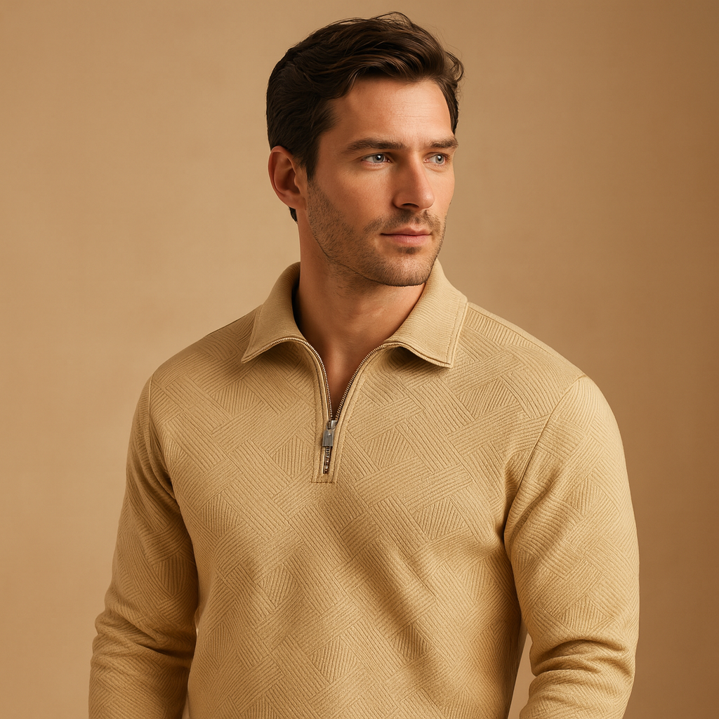 Men’s Quarter-Zip Polo Sweater with Geometric Pattern