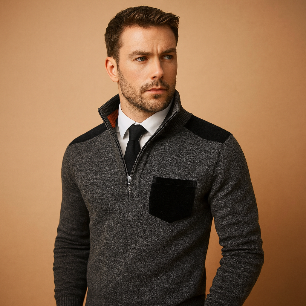 Men’s Half Zip Sweater with Collar and Chest Pocket – Warm and Versatile
