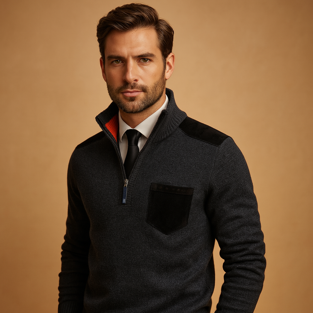 Men’s Half Zip Sweater with Collar and Chest Pocket – Warm and Versatile