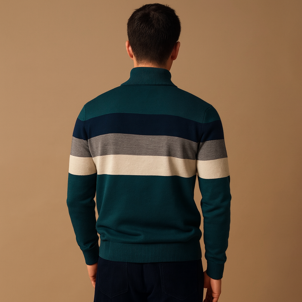 Men’s Half Zip Sweater | Striped Knit with Modern Collar Design