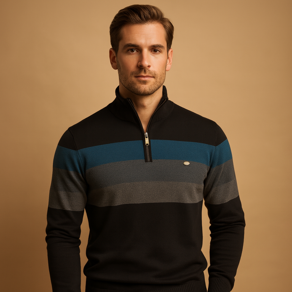 Men’s Half Zip Sweater | Striped Knit with Modern Collar Design