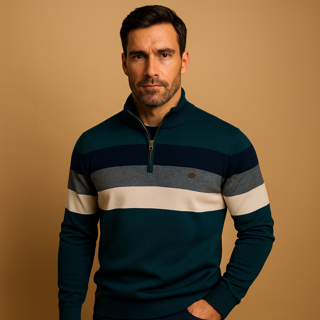 Men’s Half Zip Sweater | Striped Knit with Modern Collar Design