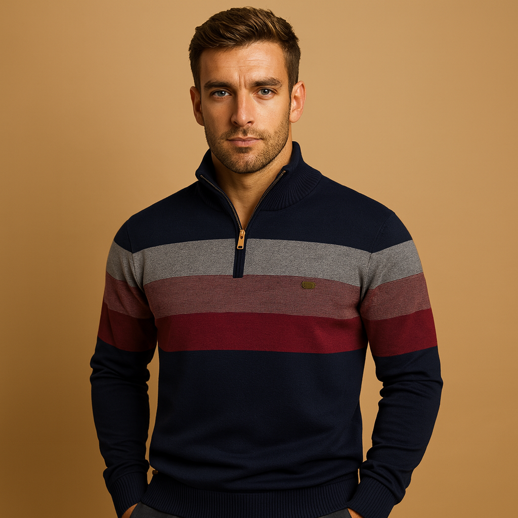 Men’s Half Zip Sweater | Striped Knit with Modern Collar Design