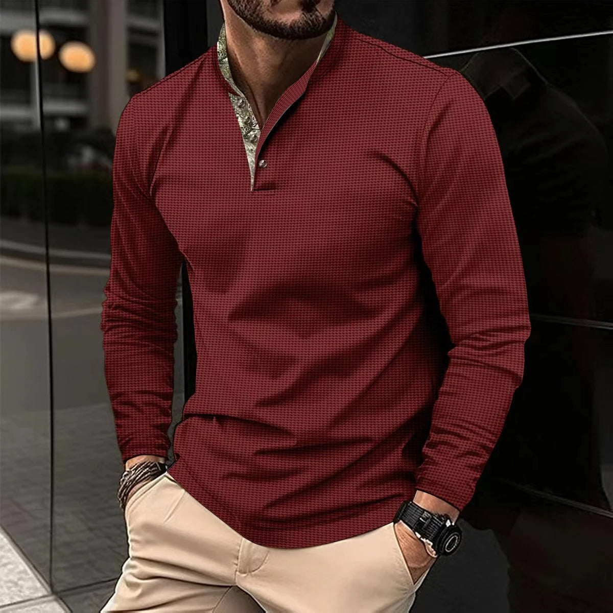 Men’s Long Sleeve Polo Shirt | Modern Polo with Contrast Collar Detail